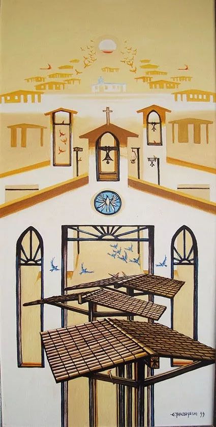 Eduardo Takebayashi -  Quadro, Pintura, Igreja e Pássaros,  Acrílico S/ Tela Assinado,  87x53cm
