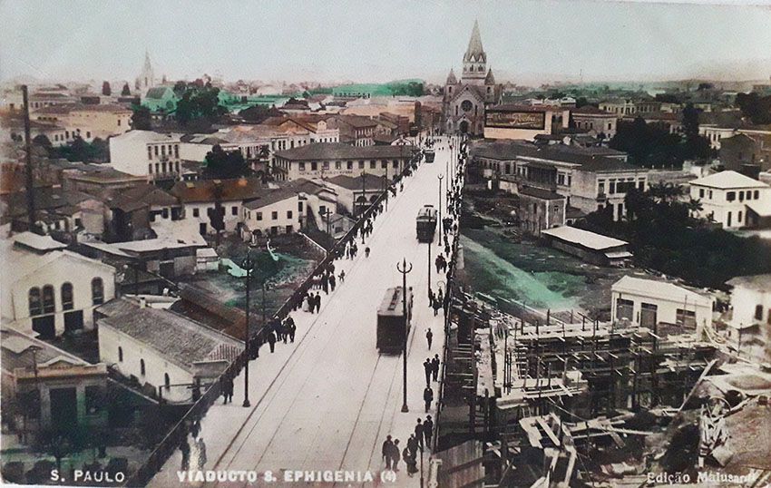 São Paulo, Cartão Postal Antigo do Viaduto Sta. Efigenia, Movimento de Bondes