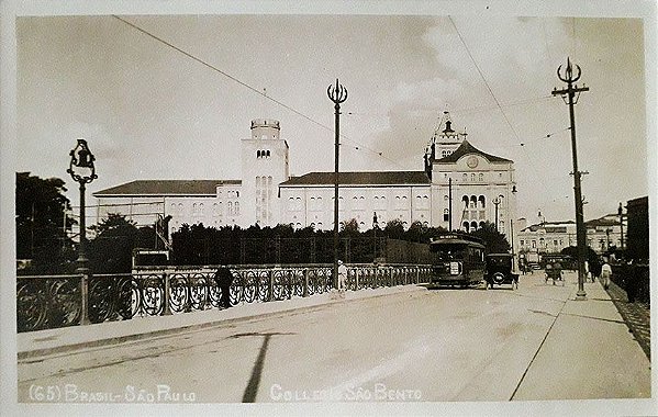 São Paulo, Postal Antigo Colégio São Bento, Bondes e Carros