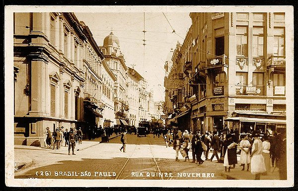 São Paulo - Cartão Postal Antigo Original, Rua 15 Novembro com Bonde e Carros