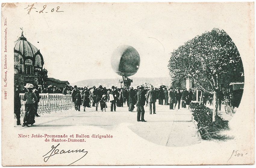 Santos Dumont - Nice, França, Cassino Jetée-Promenade e Balão Dirigível - Cartão Postal Antigo, Circulado em 1902 - Aviação