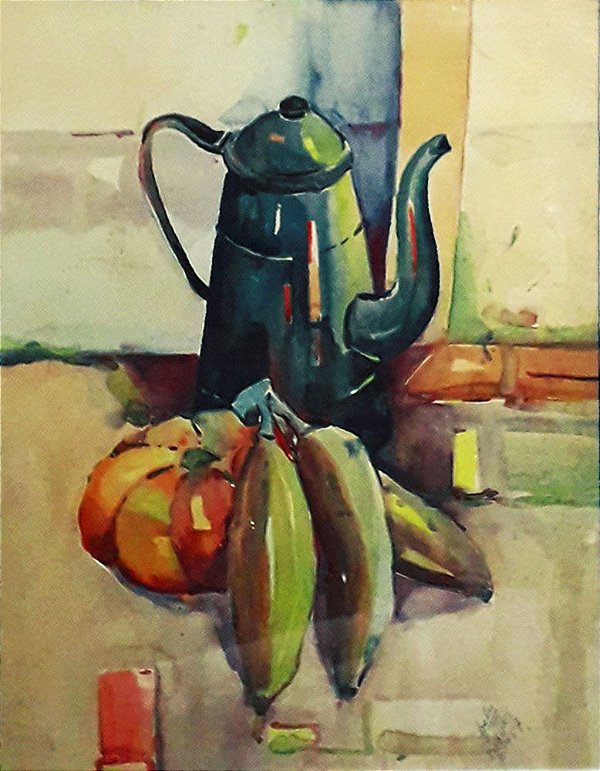 João Kozo Suzuki - Quadro,  Pintura Arte em Aquarela, Bule e Frutas