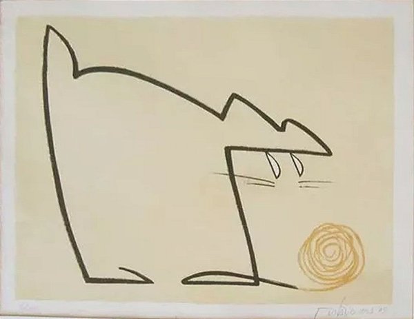 Gustavo Rosa - Arte em Gravura Original, Gato com Novelo de Lã, Moldura tipo Caixa