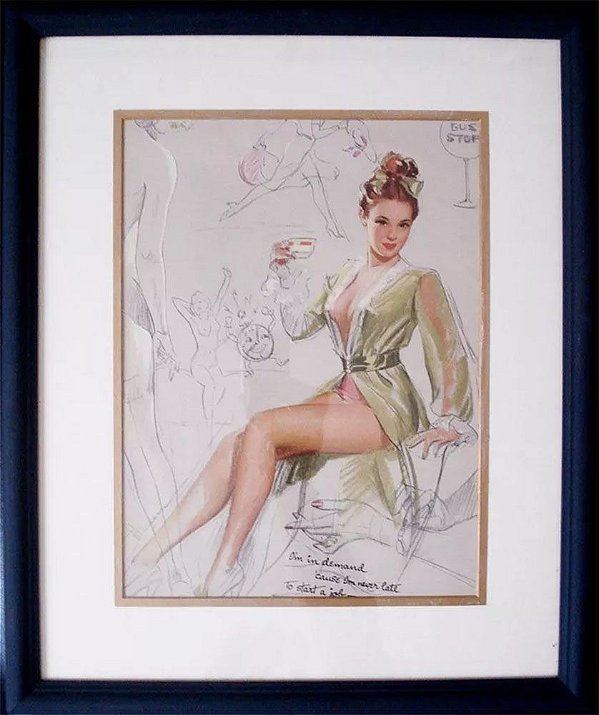 Quadro, Arte em Antiga Gravura Emoldurada, Pin Up