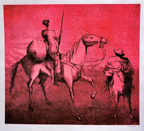 Romanelli -  Arte em Gravura, Litografia Assinada, Dom Quixote e Sancho Pança