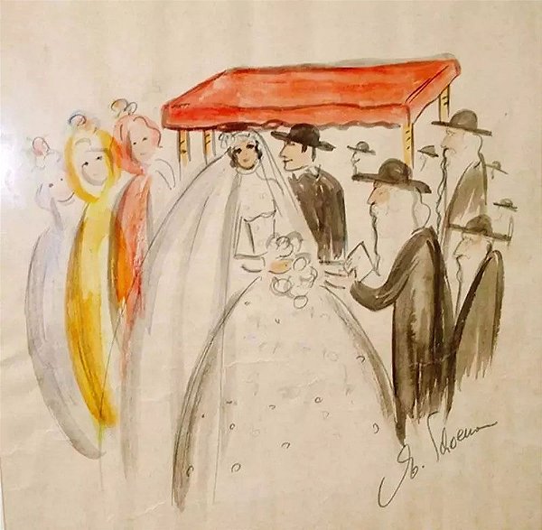 Egon Schoener -  Pintura, Aquarela Original, Assinada, Casamento Judaico
