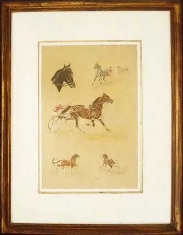 J. Rivet - Quadro, Arte em Gravura Iluminura Assinada, Cavalos, Emoldurada