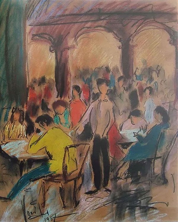 Quadro, Arte em Desenho, Técnica Mista, Assinado, de 1957, Cena de Bar