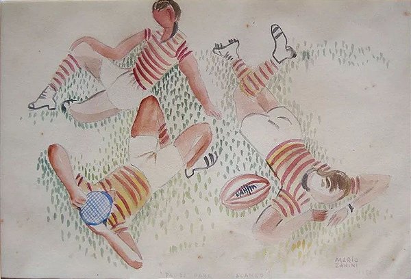Mario Zanini - Quadro, Arte em Desenho Aquarelado, Assinado, Pausa para Descanso, de 1955