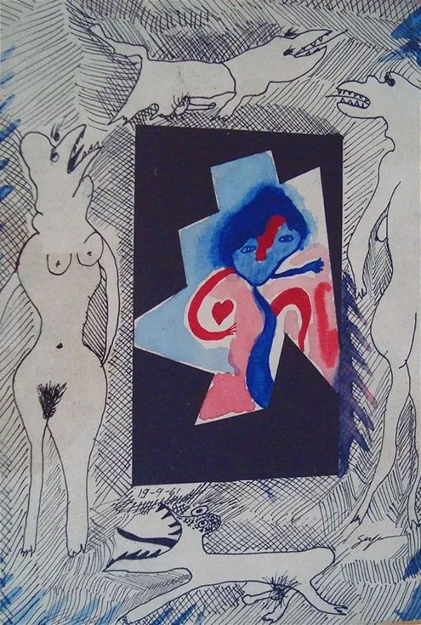 Ivan Serpa - Quadro, Arte em Desenho, Assinado, Mulheres com Bichos, de 1961