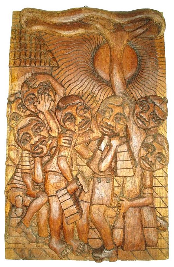 Belemin - Talha Escultura em Madeira com Forte Relevo, Os Engraxates, Assinada, 1975 - 50x31cm