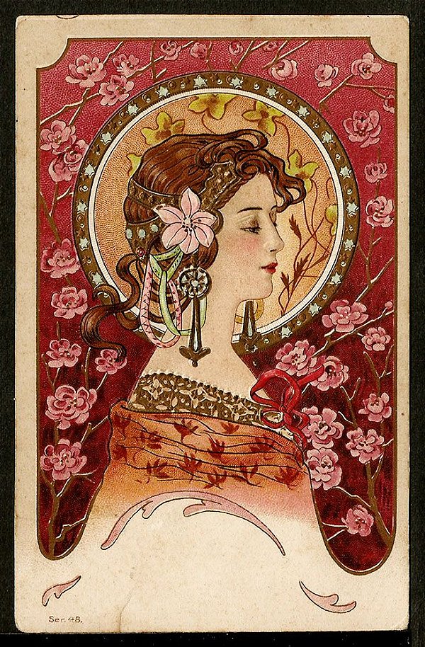 Cartão Postal Antigo Original, Ilustração Art Nouveau do Início do XX, Circulado