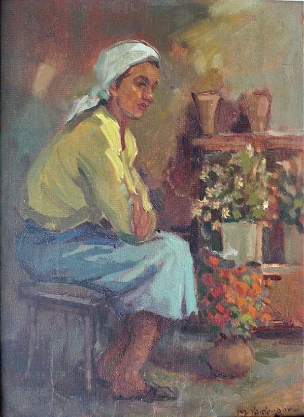 Menase Vaidergorn - Pintura Óleo S/ Eucatex Mulher e Vasos de Flores Assinada 53 x 44 cm