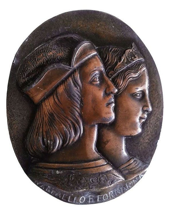 Medalhão de Metal - Placa em Bronze c/ Relevo, Efigie de Raffaello e Fornarina