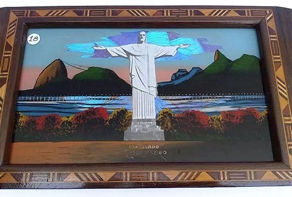 Antiga Bandeja Rio De Janeiro com Imagem do Corcovado - Marchetaria Decorada com Asa de Borboleta