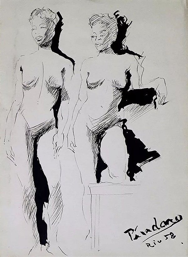 Píndaro Castelo Branco - Quadro, Arte em Desenho na Técnica Nanquim, Mulheres Nuas, 1958