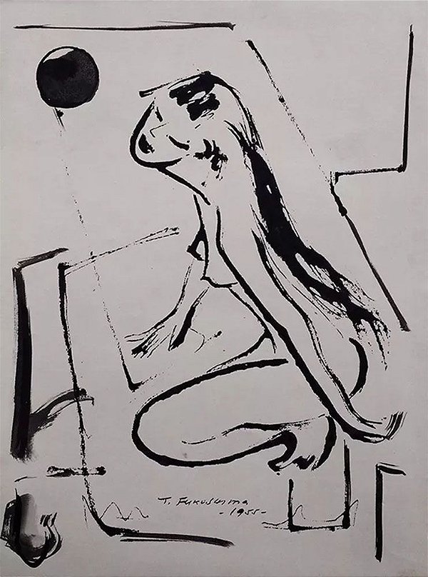 Tikashi Fukushima - Nú Feminino, Quadro, Arte em Desenho Original na Técnica Nanquim, Assinado, 1955
