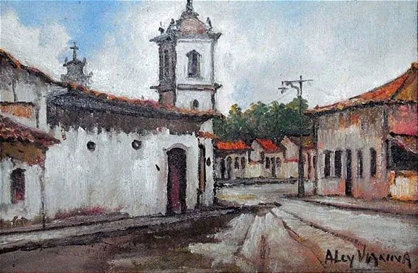 Alcy Vianna - Quadro, Arte em Pintura, Óleo S/ Eucatex, Assinada, Temática Casario e Igreja