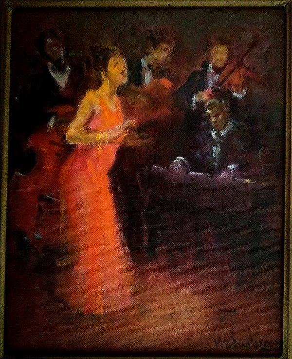 Menase Vaidergorn - Pintura Óleo sobre Tela Jazz, Conjunto Musical Assinado 52 x 46, Emoldurado