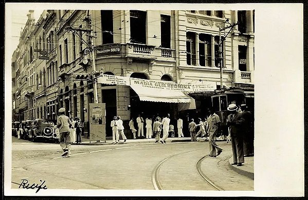 Pernambuco, Recife, Centro - Bonde e Pedestres - Cartão Postal Antigo Original