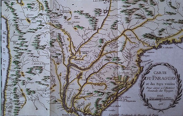 Mapa do Brasil e Paraguai, Original de 1756 - Gravura Iluminura, Rio Grande do Sul, Parana, São Paulo, Rio de Janeiro