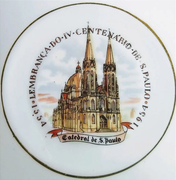 IV Centenário de São Paulo - Prato de Porcelana com Imagem da Catedral da Sé