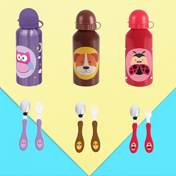 Kit Garrafinha Infantil Inox Squeeze Água 400 Ml+ Kit Talher Colher e Garfo