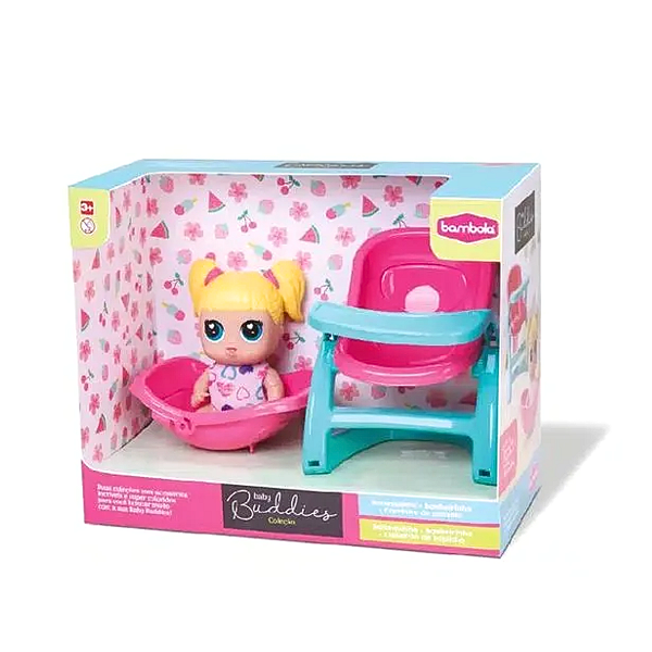 Boneca Baby Buddies Bambola Coleção Cadeirão de Papinha + Banheirinha