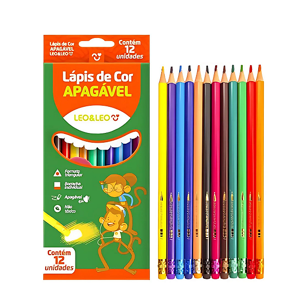 Lápis de Cor Apagável 12 Cores Léo e Léo