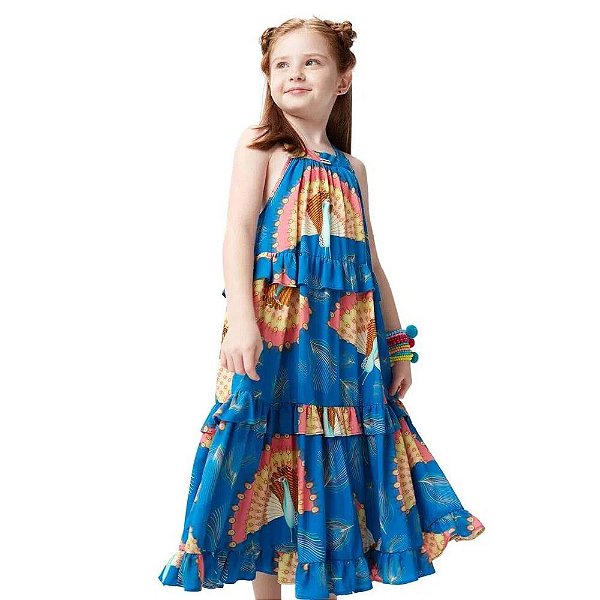 Vestido Longo Pavao Leque Azul - bambolê - loja de roupa infantil e teens