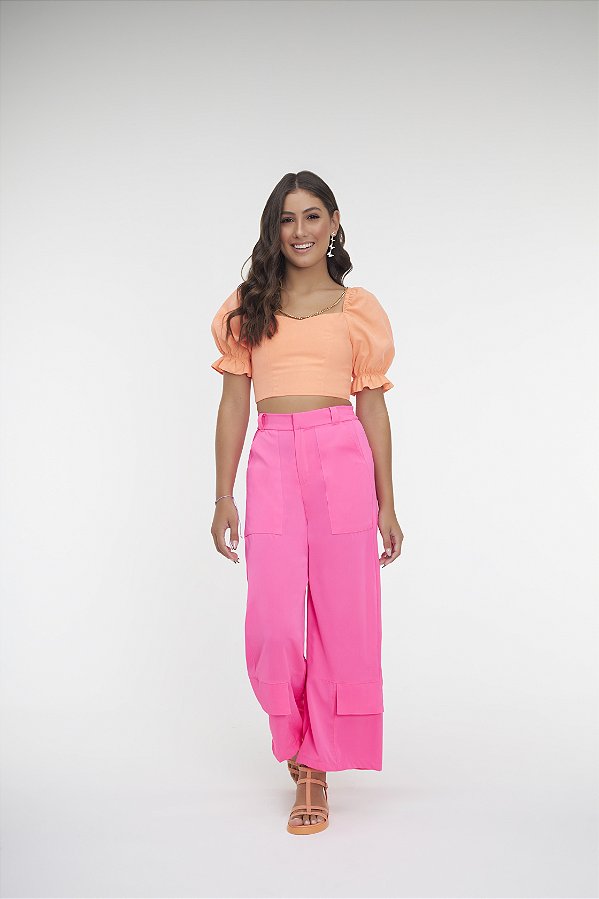 Calça Wide Leg Rosa Fluor Bobbyluu