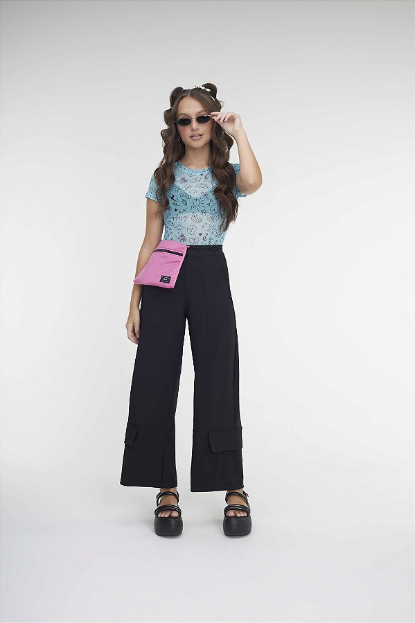 Calça Wide Leg Preta Bobbyluu