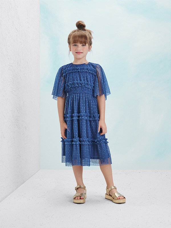 Vestido Infantil Tule Marinho Anime