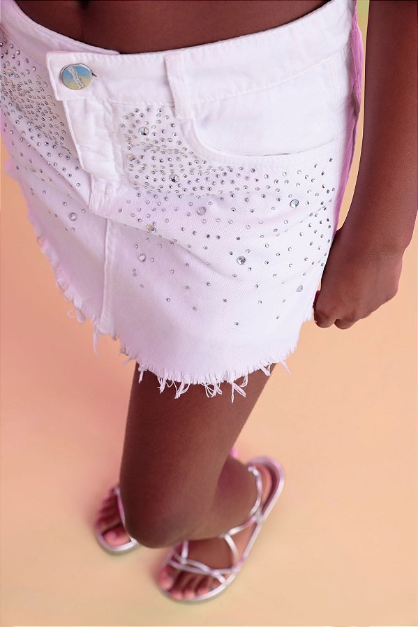 Short Saia Verao Branco Strass Vanila
