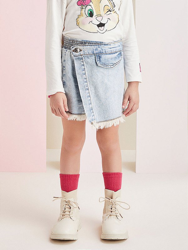 Shorts Saia Infantil Jeans Lapela Momi