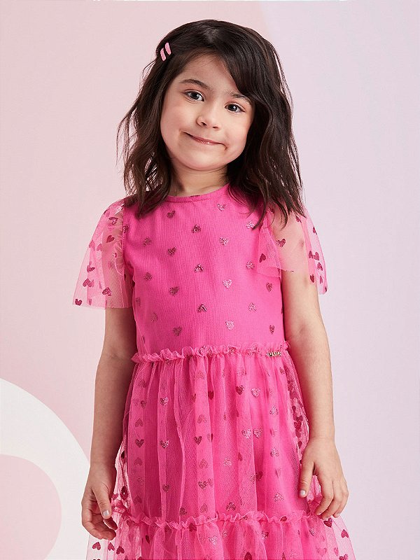 Vestido Infantil Tule Coracao Pink Momi