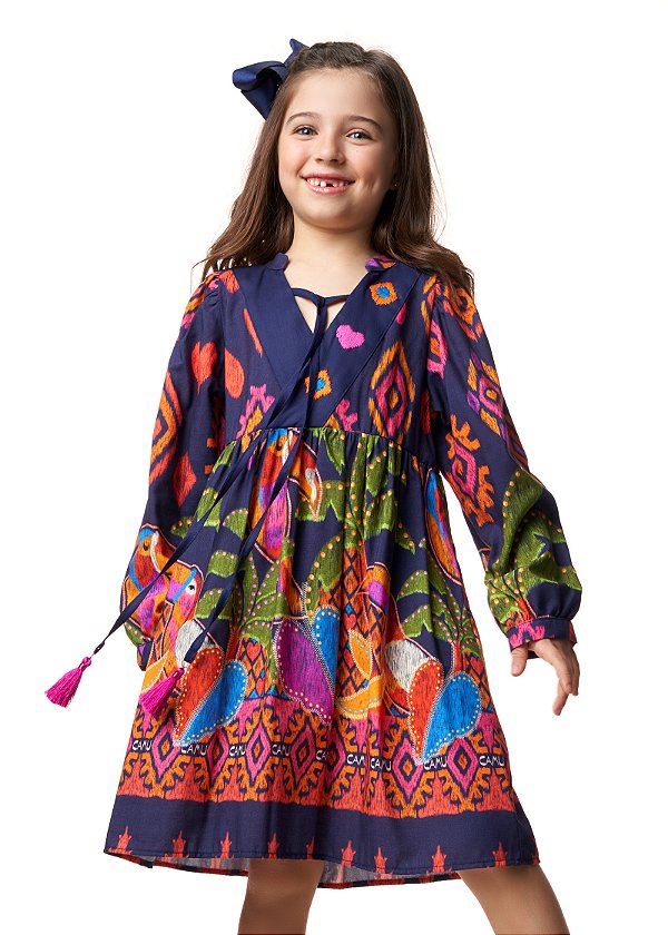 Vestido Infantil Ikat Marinho Camu Camu