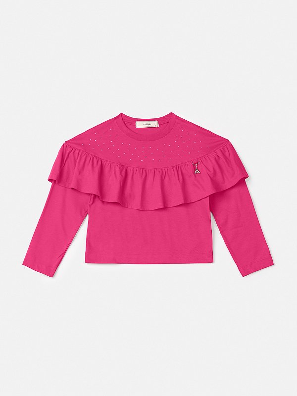 Blusa Infantil Babado Strass Pink Anime