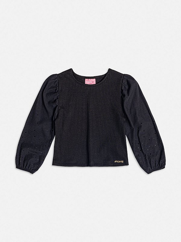 Blusa Infantil Mangas Strass Preto Momi