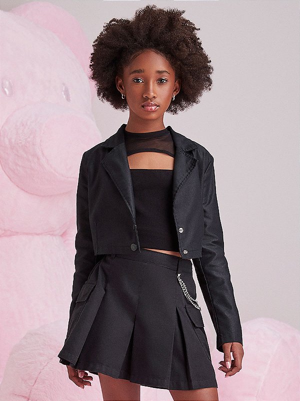 Blazer Cropped Teen Sarja Preto I Am