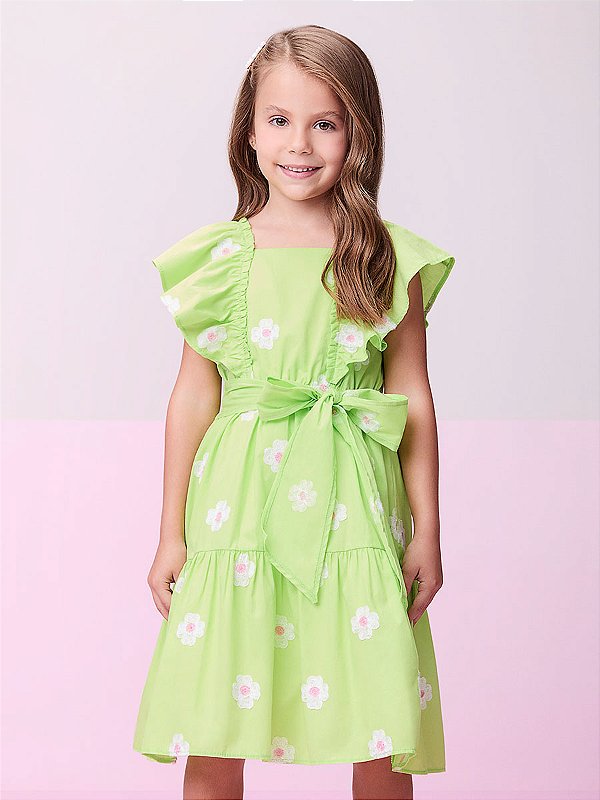 Vestido Infantil Flor Verde Limao Momi
