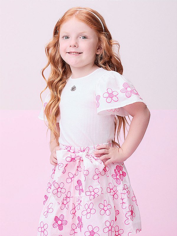 Conjunto Infantil Com Saia Flores Pink Momi
