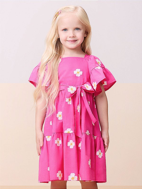 Vestido Infantil Pink Bordado Flores Momi
