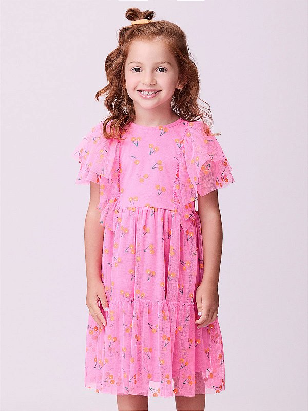 Vestido Infantil Tule Cereja Rosa Neon Momi