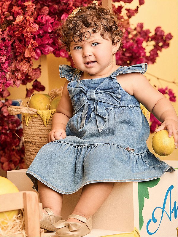 Vestido Infantil Jeans Com Laco Anime