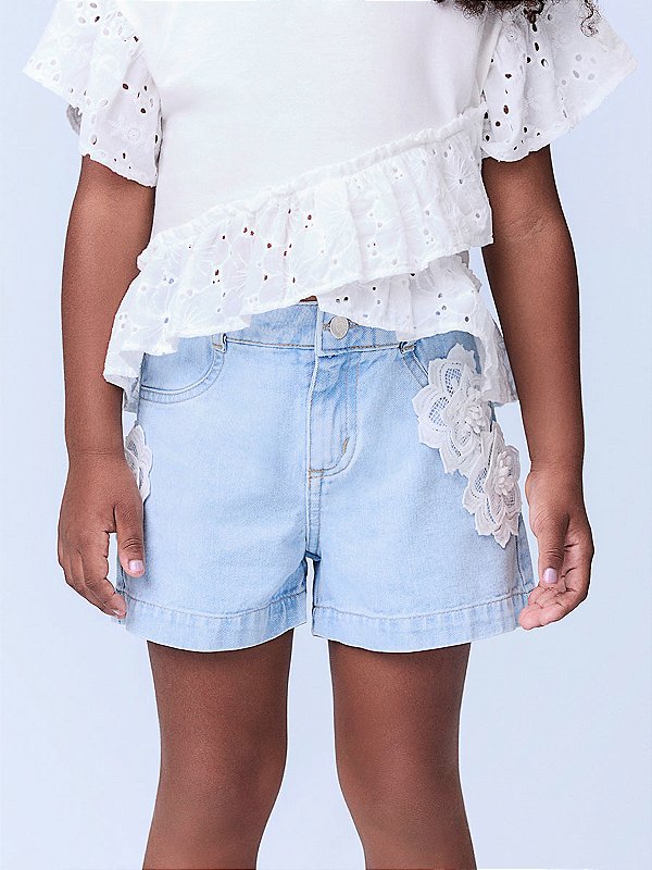 Shorts Jeans Infantil Aplique De Flores Momi
