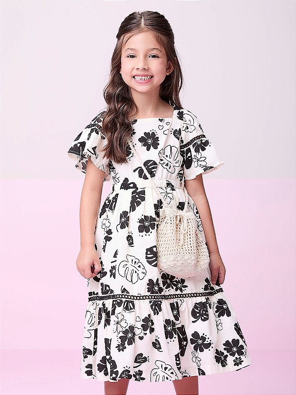 Vestido Infantil Folhagens P&b Florestinha Momi