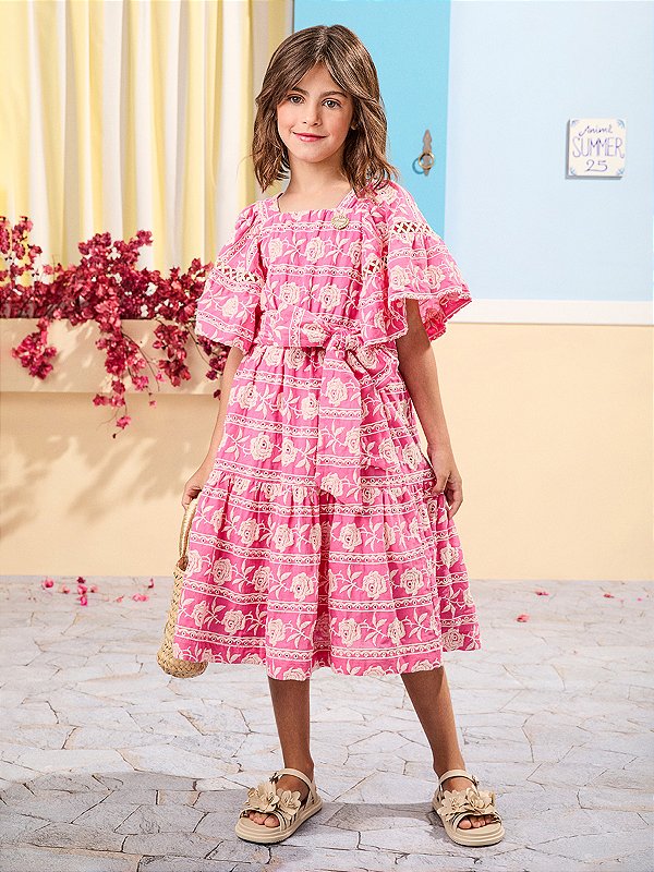Vestido Infantil Pink Com Rosas Anime