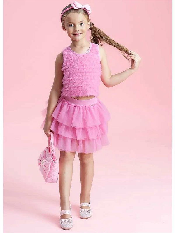 Saia Infantil Com Babados Tule Rosa Pituchinhus