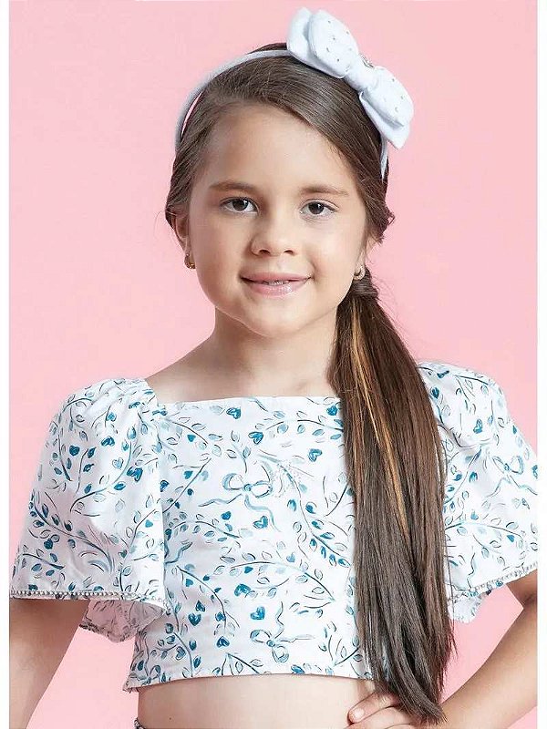 Blusa Cropped Infantil Flores Azuis Pituchinhus